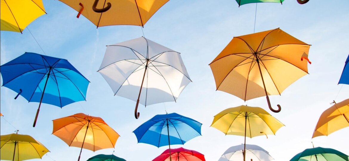 Multi-Colored Flying Umbrellas