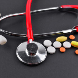 Red stethoscope and medications