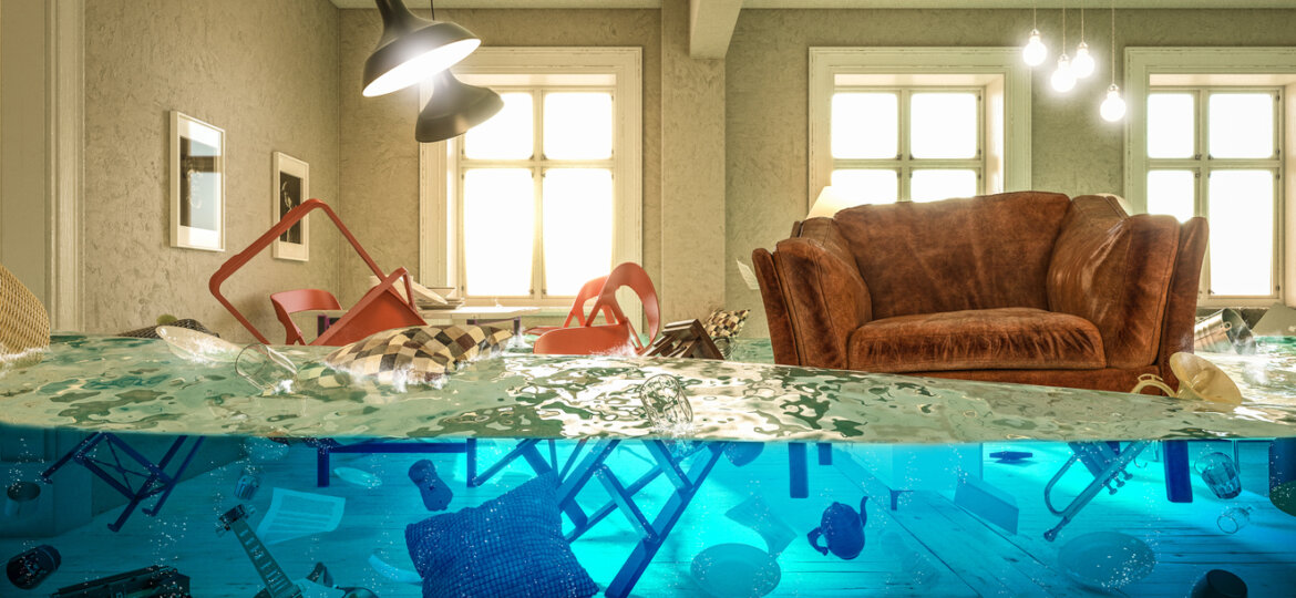 living room flooded with floating chair and no one above.