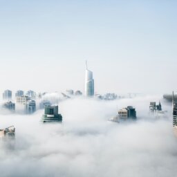 Foggy city skyline