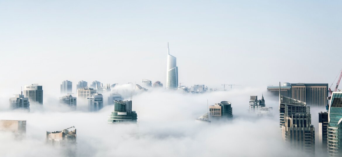 Foggy city skyline